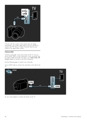 Page 66If   the   list   with   the   content   of   the   camera  does  not   appearautomatically,   your   camera  might  need  to  be  set   to  transfer  itscontent   with   PTP   (Picture   Transfer   Protocol).  Read  the   usermanual   of   the   digital   photo   camera.
Camcorder
Connect  a  camcorder   to  the   side  or  back   of   the   TV.   You   canuse  an   HDMI,  YPbPr   or  Scart   connection.  If   your   camcorder   onlyhas   Video  (CVBS)   and  Audio  L/R  output,   use  a Video   Audio...