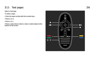 Page 1673.1.1      Text  pages
2/6
Select a Text page
To select a page …
• Enter the page number with the number keys.
• Press 
W or X
• Press 
u or v.
• Press a colour key to select a colour-coded subject at the
bottom of the screen.
. . .
 