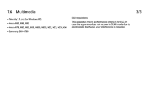 Page 3777.6      Multimedia
3/3
• TVersity 1.7 pro (for Windows XP)
• Nokia N82, N96, N95
• Nokia N78, N80, N81, 8GB, N800, N810, N92, N93, N93i,N96
• Samsung SGH-i780 ESD regulations
This apparatus meets performance criteria A for ESD. In
case the apparatus does not recover in DLNA mode due to
electrostatic discharge, user interference is required.
 