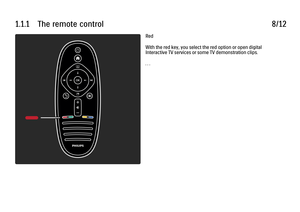 Page 101.1.1      The  remote  control
8/12Red
With the red key, you select the red option or open digital
Interactive TV services or some TV demonstration clips.
. . .
 