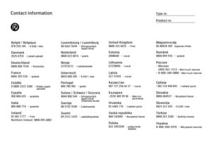 Page 2Contact informationType nr.
Product nr.
België / Belgique
078 250 145   - € 0.06 / min
Danmark
3525 8759   - Lokalt opkald
Deutschland
France
Ελλάδα
0 0800 31 22 1280   - Κλήση χωρίς
                                       χρέωση
España
Ireland
01 601 1 777   - Free
Northern Ireland  0800 055 6882 
Italia Luxembourg / Luxemburg
40 6661
 5644   - Ortsgespräch
                                Appel local
Nederland
Norge
2270 8111   - Lokalsamtale
Österreich
Portugal
Suisse / Schweiz / Svizzera
0844 800 544...