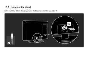 Page 291.3.2   Unmount the standBefore you lift the TV from the stand, unscrew the 4 stand screws on the back of the TV.
 