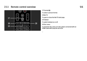 Page 442.1.1      Remote  control  overview5/617 Format f
To select a picture format.
18 Net TV
To open or close the Net TV start page.
19 Teletext
To switch teletext on or off.
20 Disc menu
To show the disc menu of a disc player connected with an
HDMI cable with EasyLink set to On.
...
 