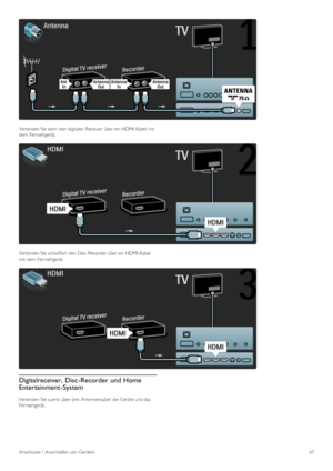 Page 67Verbinden Sie dann  den digitalen  Receiver über ein HDMI -Kabel mit
dem  Fernsehgerät.
Verbinden Sie schließlich den Disc -Recorder über ein HDMI -Kabel
mit  dem  Fernsehgerät.
Digitalreceiver, Disc-Recorder und Home
Entertainment -System
Verbinden Sie zuerst  über drei  Antennenkabel  die  Geräte und das
Fernsehgerät.
Anschlüsse /  Anschließen von Geräten67
 