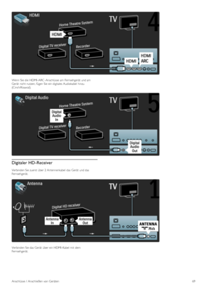 Page 69Wenn Sie die  HDMI -ARC -Anschlüsse am  Fernsehgerät  und am
Gerät  nicht nutzen, fügen Sie ein digitales Audiokabel  hinzu
(Cinch/Koaxial).
Digitaler HD -Receiver
Verbinden Sie zuerst  über 2 Antennenkabel  das Gerät  und das
Fernsehgerät.
Verbinden Sie das Gerät  über ein HDMI -Kabel mit  dem
Fernsehgerät.
Anschlüsse /  Anschließen von Geräten69
 