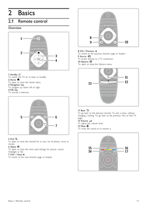 Page 132
2.1
Basics
Remote control
Overview
1   Standby  O
To   switch   the   TV   on   or  back   to  standby.
2   Home  h
To   open   or  close  the   Home  menu.
3   Navigation  key
To   navigate   up,  down,  left  or  right.
4   OK   key
To   activate  a  selection.
5   Find   ¬
To   open   or  close  the   channel  list   or  your   list   of   photos,   music  or
movies.
6   Adjust   t
To   open   or  close  the   most  used   settings   for   picture,   sound,
Ambilight  or  3D.
7   CH+   /   Next  W...