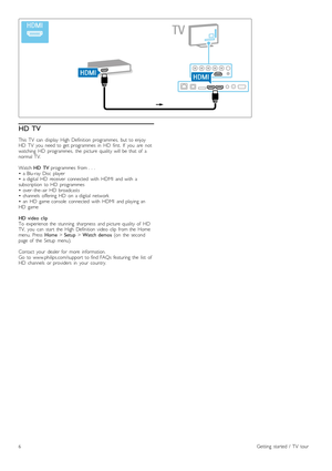 Page 6HD  TV
This   TV   can   display   High   Definition  programmes,   but  to  enjoy
HD   TV  you   need  to  get  programmes   in   HD   first.   If   you   are   not
watching   HD   programmes,   the   picture   quality  will   be  that  of   a
normal  TV.
Watch  HD   TV   programmes   from  .  .  .
•   a  Blu-ray  Disc   player
•   a  digital   HD   receiver   connected   with   HDMI   and  with   a
subscription   to  HD   programmes
•   over -the -air   HD   broadcasts
•   channels   offering   HD   on...
