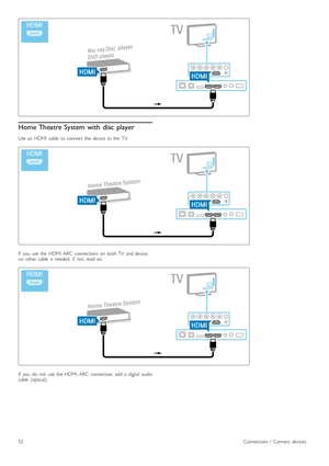 Page 52Home Theatre System  with  disc  player
Use  an   HDMI   cable   to  connect   the   device   to  the   TV.
If   you   use  the   HDMI -ARC   connections   on   both  TV   and  device,
no   other   cable   is  needed.   If   not,  read  on.
If   you   do   not   use  the   HDMI -ARC   connection,  add   a  digital   audio
cable   (optical).
52Connections  /   Connect  devices
 