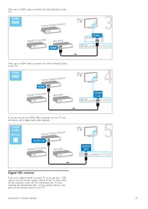 Page 57Then   use  an   HDMI   cable   to  connect   the   Disc   Recorder  to  the
TV.
Then   use  an   HDMI   cable   to  connect   the   Home  Theatre  System
to  the   TV.
If   you   do   not   use  the   HDMI -ARC   connection   on   the   TV   and
the   device,   add   a  digital   audio   cable   (optical).
Digital HD  receiver
If   you   use  a  digital   receiver   to  watch   TV   (a  set   top   box  -  STB)
and  you   do   not   use  the   remote   control   of   the   TV,   then  switch
off   the...