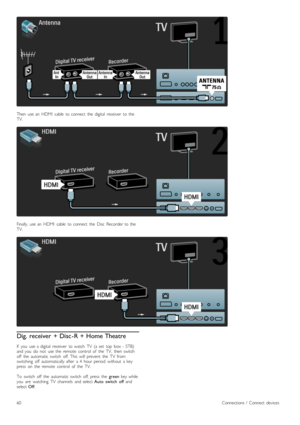 Page 60Then   use  an   HDMI   cable   to  connect   the   digital   receiver   to  the
TV.
Finally,  use  an   HDMI   cable   to  connect   the   Disc   Recorder  to  the
TV.
Dig. receiver  + Disc - R + Home Theatre
If   you   use  a  digital   receiver   to  watch   TV   (a  set   top   box  -  STB)
and  you   do   not   use  the   remote   control   of   the   TV,   then  switch
off   the   automatic  switch   off.  This   will   prevent   the   TV   from
switching   off   automatically  after   a  4   hour...