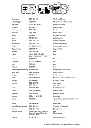 Page 2Österreich 0810 000 205   €0.07 pro Minute 
België/Belgique 078250145 €0.03 Per minuut/Par minute
България +3592 489 99 96 Местен разговор
Hrvatska 01 6403 776 Lokalni poziv
Česká republika 800142840 Bezplatný hovor
Danmark 3525 8759 Lokalt opkald
Estonia 6008600 kohalik kõne tariifi
Suomi 09 2311 3415 paikallispuhelu
France 0805 025 510 numéro sans frais
Deutschland 0800 000 7520 gebührenfreier Anruf
Ελλάδα 0 0800 3122 1280 Κλήση χωρίς χρέωση
Magyarország 0680018189 Ingyenes hívás
Hrvatska 0800 222778...