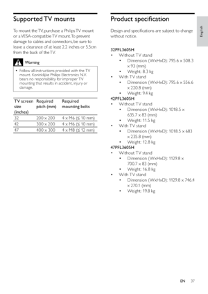 Page 3937
Product speciﬁcation
Design and speciﬁcations are subject to change 
without notice.
  
32PFL3605H
Without T V stand • 
Dimension ( WxHxD): 795.6 x 508.3  • 
x 93 (mm)
Weight: 8.3 kg • 
With T V stand • 
Dimension ( WxHxD): 795.6 x 556.6  • 
x 220.8 (mm)
Weight: 9.4 kg • 
42PFL3605H
Without T V stand • 
Dimension (WxHxD): 1018.5 x  • 
635.7 x 83 (mm)
Weight: 11.5 kg • 
With T V stand • 
Dimension ( WxHxD): 1018.5 x 683  • 
x 235.8 (mm)
Weight: 12.8 kg • 
47PFL3605H 
Without T V stand • 
Dimension (...