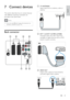 Page 3129
a TV ANTENNA
Signal input from an antenna, cable or 
satellite.
  
b  EXT 1 and EXT 2 (CVBS and RGB) 
Analogue audio and video input from 
analogue or digital devices such as DVD 
players or game consoles.
 
c SPDIF OUT
Digital audio output to home theatres 
and other digital audio systems.
 
TV ANTENNA
SPDIF OUT
7 Connect devices
This section describes how to connect devices 
with different connectors. Examples are 
provided in the Quick Star t.
Note
You can use different types of connectors to   •...