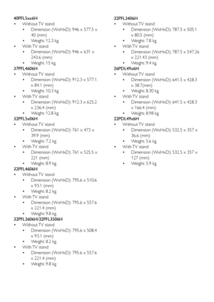 Page 4742
32PFL3406H 
• Without TV  stand
• Dimension (WxHxD): 787.5 x 505.1 
x 80.5 (mm)
•  Weight: 7.8 kg
•  With TV  stand
• Dimension (WxHxD): 787.5 x 547.26 
x 221.43 (mm)
•  Weight: 9.4 kg
26PDL49x6H 
•  Without TV  stand
• Dimension (WxHxD): 641.5 x 428.3 
x 38.7(mm)
•  Weight: 8.30 kg
•  With TV  stand
• Dimension (WxHxD): 641.5 x 428.3 
x 166.4 (mm)
•  Weight: 8.98 kg
22PDL49x6H 
•  Without TV  stand
• Dimension (WxHxD): 532.5 x 357 x 
36.6 (mm)
•  Weight: 5.6 kg
•  With TV  stand
• Dimension (WxHxD):...