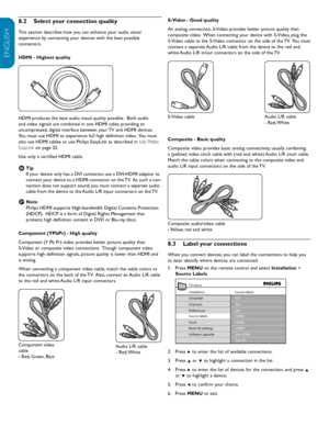 Page 32EN-30
ENGLISH
FRANÇAISE
ESPAÑOL
S-Video	-	Good	quality	
An analog connection, S-Video provides better picture quality than 
composite video.  When connecting your device with S-Video, plug the 
S-Video cable to the S-Video connector on the side of the TV.  You must 
connect a separate Audio L/R cable from the device to the red and 
white Audio L/R in/out connectors on the side of the TV.
 
S-Video cable 
Audio L/R cable  
- Red, White
Composite	-	Basic	quality
Composite video provides basic analog...