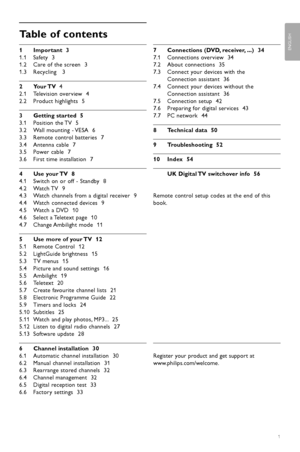 Page 3Table of contents
1 Important  3
1.1 Safety  3
1.2 Care of the screen  3
1.3 Recycling   3
2Y our TV    4
2.1 Television overview  4
2.2 Product highlights  5
3 Getting started  5
3.1 Position the TV  5
3.2 Wall mounting - VESA  6
3.3 Remote control batteries  7
3.4 Antenna cable  7
3.5 Power cable  7
3.6 First time installation  7
4 Use your TV  8
4.1 Switch on or off - Standby  8
4.2 Watch TV  9
4.3 Watch channels from a digital receiver  9
4.4 Watch connected devices  9
4.5 Watch a DVD  10
4.6 Select...