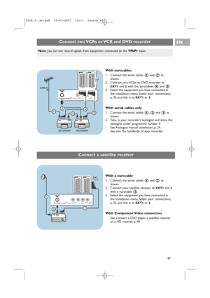 Page 47Connect a satellite receiver
EXT2 EXT1
ANTENNADIGITAL AUDIO IN L   o  AUDIO OUT o ROUT   AUDIO  o DIGITAL75oo
RECORDER
CABLE
12
RECORDER
3
5
EXT
1/2
4
Connect two VCRs or VCR and DVD recorderEN
47
With eurocables
1. Connect the aerial cables 1and 2as
shown.
2. Connect your VCRs or DVD-recorder to
EXT1and 2with the eurocables 4and 5.
3. Select the equipment you have connected in
the Installation menu, Select your connections,
p.32, and link it to 
EXT1or 2.
With aerial cables only
1. Connect the aerial...