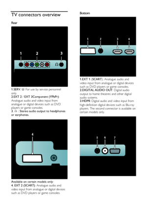 Page 30  
EN      30       
TV connectors overview 
Rear NonPu bl i sh 
 
1.SERV. U: For use by service personnel 
only. 2.EXT 2 / EXT 3Component (YPbPr): 
Analogue audio and video input from 
analogue or digital devices such as DVD 
players or game consoles. 3.  : Stereo audio output to headphones 
or earphones.   
 
Available on certain models only: 
4. EXT 2 (SCART): Analogue audio and 
video input from analogue or digital devices 
such as DVD players or game consoles.  
Bottom NonPu bl i sh 
 
1.EXT 1...