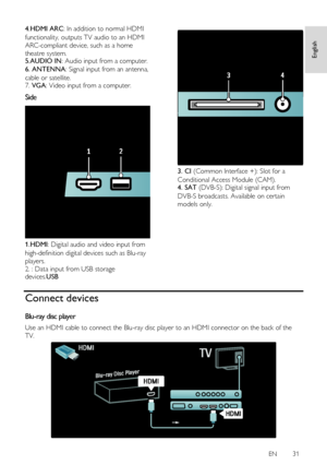 Page 31     
EN      31   
English
 
4.HDMI ARC: In addition to normal HDMI 
functionality, outputs TV audio to an HDMI 
ARC-compliant device, such as a home 
theatre system. 5.AUDIO IN: Audio input from a computer. 
6. ANTENNA: Signal input from an antenna, 
cable or satellite. 7. VGA: Video input from a computer.  
Side  
 
1.HDMI: Digital audio and video input from 
high-definition digital devices such as Blu-ray 
players. 
2. : Data input from USB storage devices.USB 
  
 
3. CI (Common Interface +): Slot...