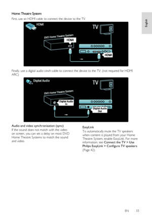 Page 33     
EN      33   
English
 
Home Theatre System 
First, use an HDMI cable to connect the device to the TV. 
   
Finally, use a digital audio cinch cable to connect the device to the TV. (not required for HDMI 
ARC) 
  
Audio and video synchronisation (sync) 
If the sound does not match with the video 
on screen, you can set a delay on most DVD 
Home Theatre Systems to match the sound 
and video. 
  
EasyLink 
To automatically mute the TV speakers 
when content is played from your Home 
Theatre System,...