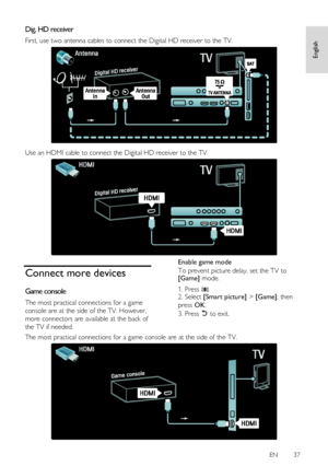 Page 37     
EN      37   
English
 
Dig. HD receiver 
First, use two antenna cables to connect the Digital HD receiver to the TV. 
   
Use an HDMI cable to connect the Digital HD receiver to the TV. 
  
Connect more devices 
Game console 
The most practical connections for a game 
console are at the side of the TV. However, 
more connectors are available at the back of 
the TV if needed. 
Enable game mode 
To prevent picture delay, set the TV to [Game] mode. 
1. Press . 2. Select [Smart picture] > [Game], then...