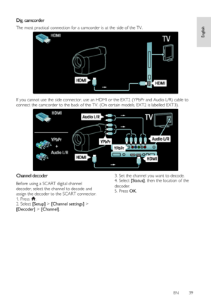 Page 39     
EN      39   
English
 Dig. camcorder 
The most practical connection for a camcorder is at the side of the TV. 
   
If you cannot use the side connector, use an HDMI or the EXT2 (YPbPr and Audio L/R) cable to 
connect the camcorder to the back of the TV. (On certain models, EXT2 is labelled EXT3). 
  
Channel decoder NonPu bl i sh 
Before using a SCART digital channel 
decoder, select the channel to decode and 
assign the decoder to the SCART connector. 
1. Press . 2. Select [Setup] > [Channel...