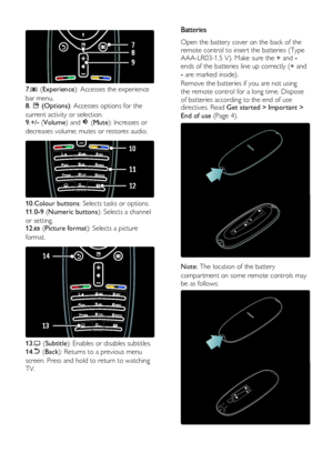 Page 10  
EN      10       
  
 
7. (Experience): Accesses the experience 
bar menu. 8.  (Options): Accesses options for the 
current activity or selection. 9.+/- (Volume) and  (Mute): Increases or 
decreases volume; mutes or restores audio.   
 
10.Colour buttons: Selects tasks or options. 
11.0-9 (Numeric buttons): Selects a channel 
or setting. 12. (Picture format): Selects a picture 
format.   
 
13. (Subtitle): Enables or disables subtitles. 
14. (Back): Returns to a previous menu 
screen. Press and hold...