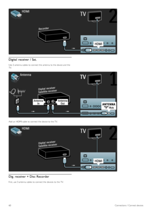 Page 60Digital  receiver / Sat.
Use  2 antenna  cables to  connect the  antenna  to  the  device and  the
TV.
Add  an  HDMI  cable  to  connect the  device to  the  TV.
Dig. receiver + Disc Recorder
First, use 3 antenna  cables to  connect the  devices  to  the  TV.
60Connections /  Connect devices
 