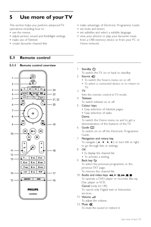 Page 145Use more of your TV
This section helps you perform advanced TV
operations including how to:
•use the menus  
• adjust picture, sound and Ambilight settings  
• make use of Teletext  
• create favourite channel lists  •
make advantage of Electronic Programme Guide  
• set locks and timers 
• set subtitles and select a subtitle language  
• view your photos or play your favourite music
from a USB memor y device or from your PC or
Home network.
12Use more of your TV
5.1 Remote control 
5.1.1 Remote control...