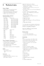 Page 5250Technical data
8Technical data
Picture / Display
•Display type: LCD Full HD W-UXGA
•Panel resolution: 1920x1080p
•Perfect Pixel HD picture enhancement
•1080p 24/25/30/50/60Hz processing
•100 Hz Clear LCD (if present)
Supported display resolutions
•Computer formats
Resolution Refresh rate
640 x 480p 60Hz (VGA/HDMI)
600 x 800p 60Hz (VGA/HDMI)
1024 x 768p 60Hz (VGA/HDMI)
1280 x 768p 60Hz (VGA/HDMI)
1360 x 765p 60Hz (VGA/HDMI)
1360 x 768p 60Hz (VGA/HDMI)
1280 x 1024p 60Hz (HDMI)
1920 x 1080i 60Hz (HDMI)...