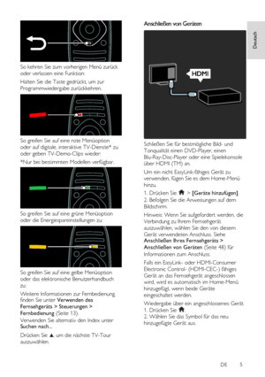 Page 5     
DE           5       
Deutsch
 
Deutsch
 
 
So kehren Sie zum vorherigen Menü zurück 
oder verlassen eine Funktion:  
Halten Sie die Taste gedrückt, um zur 
Programmwiedergabe zurückkehren.  
 
So greifen Sie auf eine rote Menüoption 
oder auf digitale, interaktive TV-Dienste* zu 
oder geben TV-Demo-Clips wieder: 
*Nur bei bestimmten Modellen verfügbar. 
 
So greifen Sie auf eine grüne Menüoption 
oder die Energiespareinstellungen zu:  
 
So greifen Sie auf eine gelbe Menüoption 
oder das...