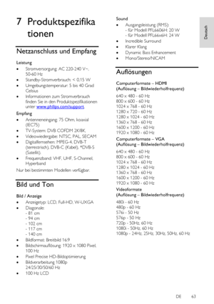 Page 63     
DE           63   
Deutsch
 7 Produktspezifika
tionen 
Netzanschluss und Empfang 
Leistung 
 Stromversorgung: AC 220-240 V~, 
50-60 Hz 
 Standby-Stromverbrauch: < 0,15 W 
 Umgebungstemperatur: 5 bis 40 Grad 
Celsius  
 Informationen zum Stromverbrauch 
finden Sie in den Produktspezifikationen unter www.philips.com/support. 
Empfang 
 Antenneneingang: 75 Ohm, koaxial 
(IEC75) 
 TV-System: DVB COFDM 2K/8K, 
 Videowiedergabe: NTSC, PAL, SECAM 
 Digitalfernsehen: MPEG-4, DVB-T 
(terrestrisch),...