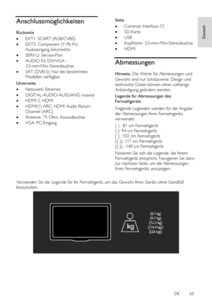 Page 65     
DE           65   
Deutsc
h Anschlussmöglichkeiten 
Rückseite 
 EXT1: SCART (RGB/CVBS) 
 EXT3: Component (Y Pb Pr), 
Audioeingang links/rechts 
 SERV.U: Service-Port 
 AUDIO IN: DVI/VGA – 
3,5-mm-Mini-Stereobuchse 
 SAT (DVB-S): Nur bei bestimmten 
Modellen verfügbar. 
Unterseite 
 Netzwerk: Ethernet 
 DIGITAL-AUDIO-AUSGANG: koaxial  
 HDMI 2: HDMI 
 HDMI(1) ARC: HDMI Audio Return 
Channel (ARC) 
 Antenne: 75 Ohm, Koaxialbuchse 
 VGA: PC-Eingang 
Seite 
 Common Interface: CI 
 SD-Karte...