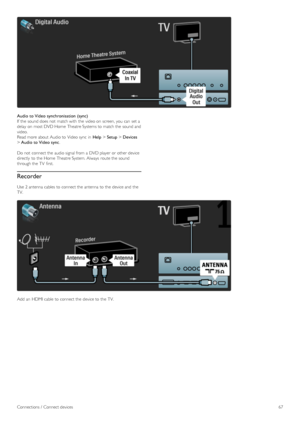 Page 67Audio  to Video  synchronisation  (sync)
If  the  sound does not  match with  the  video on  screen, you  can  set a
delay  on  most DVD Home  Theatre Systems to  match the  sound and
video.
Read more about  Audio to  Video sync  in  Help > Setup > Devices
> Audio  to Video  sync.
Do  not  connect the  audio signal from a  DVD player  or other device
directly  to  the  Home  Theatre System. Always  route the  sound
through the  TV  first.
Recorder
Use  2 antenna  cables to  connect the  antenna  to  the...