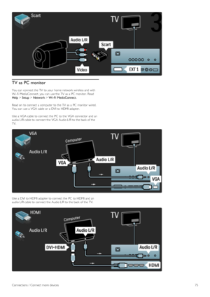 Page 75TV as PC monitor
You  can  connect the  TV  to  your  home  network  wireless and  with
Wi-Fi MediaConnect, you  can  use the  TV  as  a  PC  monitor.  Read
Help > Setup > Network > Wi -Fi  MediaConnect.
Read on  to  connect a  computer  to  the  TV  as  a  PC  monitor  wired.
You  can  use a  VGA cable  or a  DVI to  HDMI  adapter.
Use  a  VGA cable  to  connect the  PC  to  the  VGA connector  and  an
audio L/R cable  to  connect the  VGA Audio L/R to  the  back  of  the
TV.
Use  a  DVI to  HDMI...