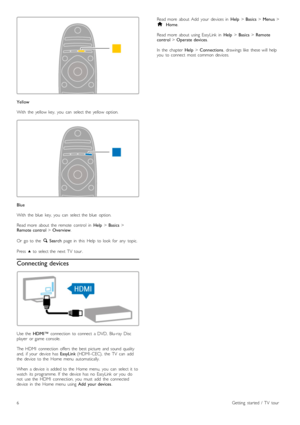 Page 6Yellow
With   the   yellow  key,   you   can   select  the   yellow  option.
Blue
With   the   blue   key,   you   can   select  the   blue   option.
Read  more   about   the   remote   control   in  Help > Basics >Remote  control > Overview.
Or   go  to  the  ¬  Search  page  in   this   Help   to  look   for   any   topic.
Press  u  to  select  the   next TV   tour.
Connecting devices
Use  the  HDMI™  connection   to  connect   a  DVD,   Blu-ray  Discplayer   or  game  console.
The  HDMI   connection...