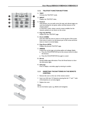 Page 14User Manual BDS4241V/BDH4241V/BDH5021V
12
3.3.2 TELETEXT FUNCTION BUTTONS
1. TEXT
Activates the TELETEXT mode.
2. INPUT
Displays the TELETEXT index.
3. Fasttext
With fasttext, you can easily access the topic and relevant pages you 
want by pressing the red, green, yellow and blue buttons on the 
remote control.
In TELETEXT mode, volume controls remain available, but the 
relevant symbols are not shown on the screen.
4. Page Up (AUTO)
Dispays the next TELETEXT page.
5. Zoom (I.SIZE)
Press the I.SIZE key...