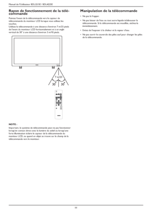 Page 14Manuel de l’Utilisateur BDL3215E / BDL4225E
11
Rayon de fonctionnement de la télé-
commande
Pointez l'avant de la télécommande vers le capteur de 
télécommande du moniteur LCD lorsque vous utilisez les 
touches.
Utilisez la télécommande à une distance d’environ 7 m/23 pieds 
de l’avant du moniteur LCD horizontalement et à un angle 
vertical de 30° à une distance d’environ 3 m/10 pieds.
POWER
SMARTVIDEO
SOURCE
PIP
INPUT ON/OFF CHANGE
BRIGHTNESS CONTRAST
DISPLAY
AUTO
ADJUST
MUTEVOL UP
VOL DOWNEXIT...