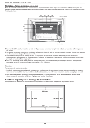 Page 16Manuel de l’Utilisateur BDL3215E / BDL4225E
13
Méthode 2 : Monter le moniteur sur un mur
Avant de monter le moniteur sur un mur, assurez-vous que le système est bien éteint et que vous avez obtenu un kit de montage au mur 
standard (commercialement disponible). Il est recommandé d’utiliser l’interface de montage conforme au standard TÜV-GS et/ou UL1678 en 
Amérique du Nord.
100
100
100100 100 100Feuille protectrice
Stand de table Table
Poser sur la table la feuille protectrice, qui était enveloppée...