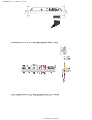 Page 110
Connecting to Your PC, TV Antenna, DVD/VCR etc.
 
 
l     Connect to DVD/VCR /VCD through composite video (CVBS)
 
 
l     Connect to DVD/VCR /VCD through component video (YPbPr)
file:///D|/My%20Documents/dfu/BDL3221V/english/320wn6/INSTALL/CONNECT.HT\
M (5 of 9)2005-11-07 12:52:38 PM 