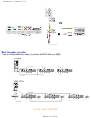 Page 113
Connecting to Your PC, TV Antenna, DVD/VCR etc.
 
Matrix information connection
To set up multiple display information connections via RS232,VGA, and CV\
BS. 
 
RETURN TO TOP OF THE PAGE 
file:///D|/My%20Documents/dfu/BDL3221V/english/320wn6/INSTALL/CONNECT.HT\
M (8 of 9)2005-11-07 12:52:38 PM 