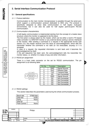 Page 89
 
3. Serial Interface Communication Protocol 
3.1 General specifications 
3.1.1 Protocol definition  
Communication to the main monitor microprocessor is possible through the\
 serial port, 
which support a communication protocol dedicated to BDS only. The protocol is \
specifically designed to allow data communication in half duplex multi-point 
environments, but it can also be used for half duplex point-to-point RS-232 
communication. 
3.1.2 Communication characteristics 
A half duplex communication...