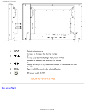 Page 17
Installing your LCD Monitor
 
1INPUTSelecting input source
2
  
Increase or decrease the channel number
or
moving up or down to highlight the function in OSD
3
 
Increase or decrease the level of audio volume
or
moving left or right to highlight the sub-menu in the selected function \
of OSD
4
MENUOpen the OSD or confirm the selected function
5
 DC power switch On/Off
RETURN TO TOP OF THE PAGE
Side View (Right)
file:///D|/My%20Documents/dfu/BDL_27/english/420wn6/INSTALL/install.htm \
(2 of 5)2006-03-10...