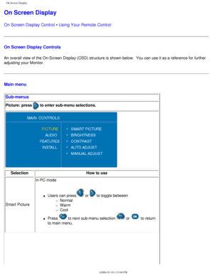 Page 21
On Screen Display
On Screen Display
On Screen Display Control • Using Your Remote Control
On Screen Display Controls
An overall view of the On-Screen Display (OSD) structure is shown belo\
w.  You can use it as a reference for further 
adjusting your Monitor.
Main menu Sub-menus
Picture: press  to enter sub-menu selections.
Selection How to use
Smart Picture In PC mode
l     Users can press or  to toggle between 
m     Normal
m     Warm
m     Cool
l     Press  to next sub-menu selection  or  to return...