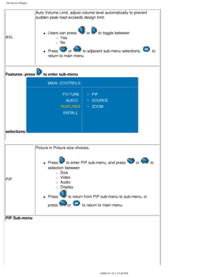 Page 24
On Screen Display
AVLAuto Volume Limit, adjust volume level automatically to prevent 
sudden peak load exceeds design limit.
l     Users can press  or  to toggle between 
m     Yes
m     No
l     Press  or  to adjacent sub-menu selections,  to 
return to main menu.
Features: press 
 to enter sub-menu 
selections.
PIP Picture in Picture size choices.
l     Press  to enter PIP sub-menu, and press  or  to 
selection between
 
m     Size
m     Video
m     Audio
m     Display
l     Press  to return from PIP...