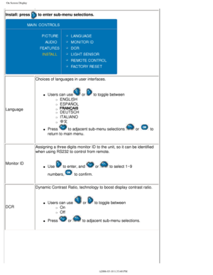 Page 27
On Screen Display
Install: press  to enter sub-menu selections. 
 
LanguageChoices of languages in user interfaces. 
l     Users can use or  to toggle between 
m     ENGLISH
m     ESPAÑOL
m     m     DEUTSCH
m     ITALIANO
m     
l     Press  to adjacent sub-menu selections  or  to 
return to main menu.
Monitor ID Assigning a three digits monitor ID to the unit, so it can be identified\
 
when using RS232 to control from remote.
l     Use  to enter, and  or  to select 1~9 
numbers,
 to confirm.
DCR...