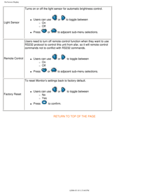 Page 28
On Screen Display
Light SensorTurns on or off the light sensor for automatic brightness control.
l     Users can use  or  to toggle between 
m     On
m     Off
l     Press  or  to adjacent sub-menu selections.
Remote Control Users need to turn off remote control function when they want to use 
RS232 protocol to control this unit from afar, so it will remote control\
 
commands not to conflict with RS232 commands.
l     Users can use  or   to toggle between 
m     On
m     Off
l     Press  or  to...