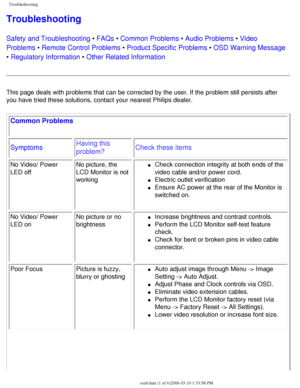 Page 46
Troubleshooting
Troubleshooting
Safety and Troubleshooting • FAQs • Common Problems • Audio Problems • Video 
Problems • Remote Control Problems • Product Specific Problems • OSD Warning Message 
• Regulatory Information • Other Related Information
This page deals with problems that can be corrected by the user. If the \
problem still persists after 
you have tried these solutions, contact your nearest Philips dealer.
Common Problems 
SymptomsHaving this 
problem?Check these items
No Video/ Power 
LED...
