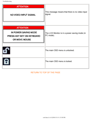 Page 51
Troubleshooting
This message means that there is no video input 
signal.
The LCD Monitor is in a power saving mode (in 
PC mode). 
The main OSD menu is unlocked.
The main OSD menu is locked.
RETURN TO TOP OF THE PAGE
file:///D|/My%20Documents/dfu/BDL_27/english/420wn6/SAFETY/saf_troub.htm\
 (6 of 6)2006-03-10 1:33:58 PM 