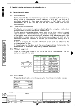 Page 73
 
3. Serial Interface Communication Protocol 
3.1 General specifications 
3.1.1 Protocol definition  
Communication to the main monitor microprocessor is possible through the\
 serial port, 
which support a communication protocol dedicated to BDS only. The protocol is \
specifically designed to allow data communication in half duplex multi-point 
environments, but it can also be used for half duplex point-to-point RS-232 
communication. 
3.1.2 Communication characteristics 
A half duplex communication...